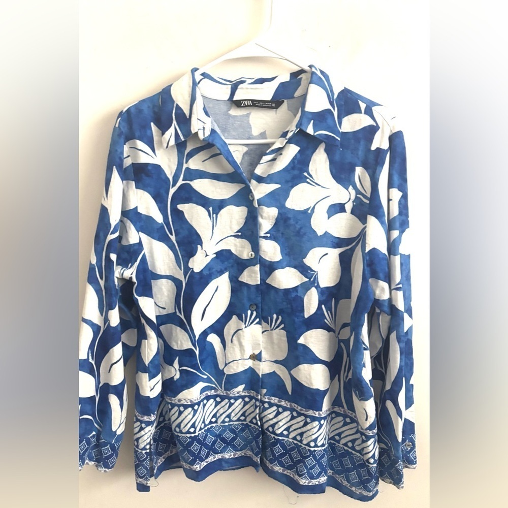 Coastal ZARA Shirt Blue White Floral L Linen Blend Button Up beach Resortwear